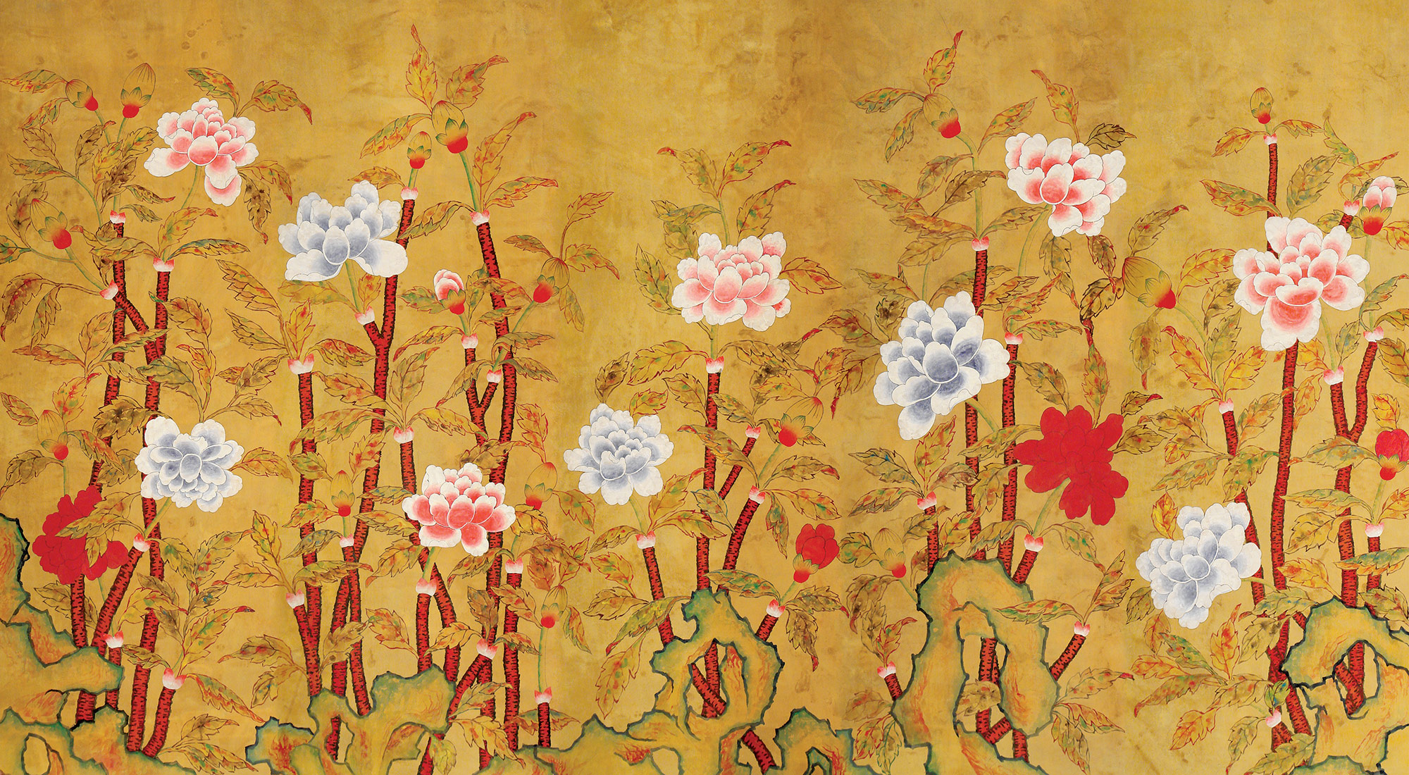 Обои ручная роспись Korean Peony Original colourway on Edo Golden Brown painted silk Обои ручная роспись Korean Peony Original colourway on Edo Golden Brown painted silk - постер Loft-Concept в Орле