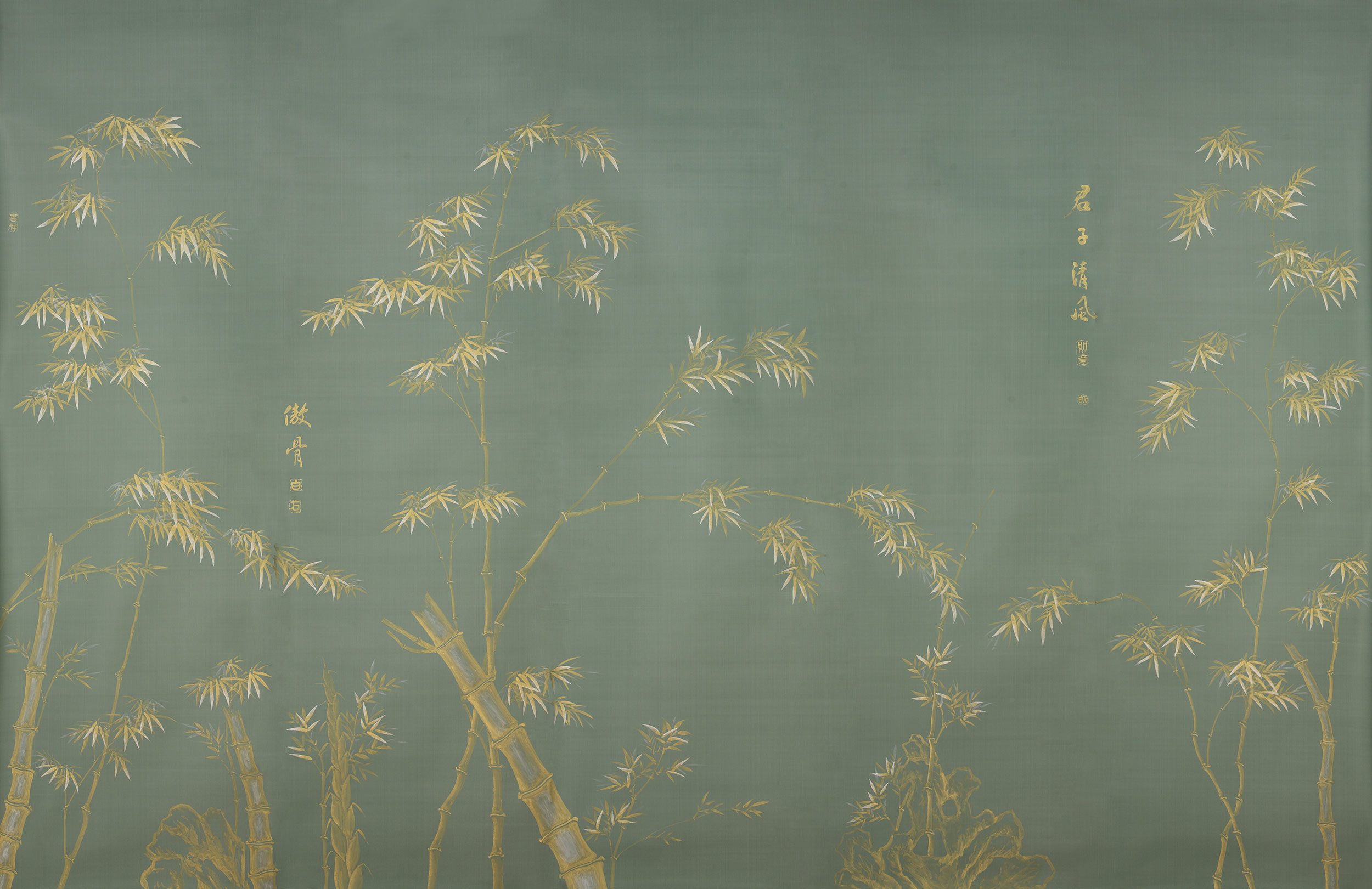 Обои ручная роспись Bamboo Golden on Blue grey dyed silk Обои ручная роспись Bamboo Golden on Blue grey dyed silk - постер Loft-Concept в Орле