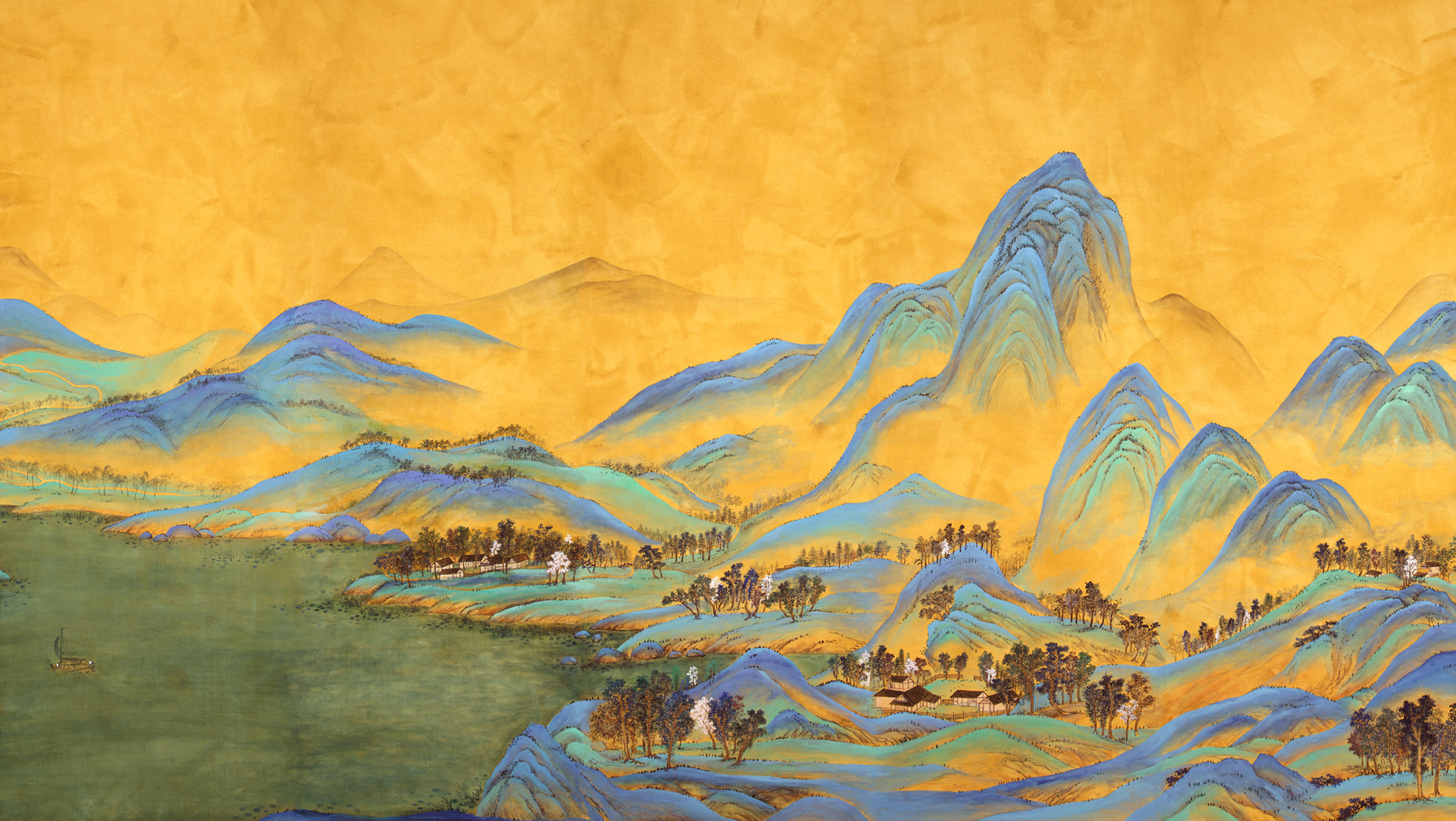 Обои ручная роспись A Thousand Li of Rivers and Mountains Original colourway on brown painted Xuan paper Обои ручная роспись A Thousand Li of Rivers and Mountains Original colourway on brown painted Xuan paper - постер Loft-Concept в Орле