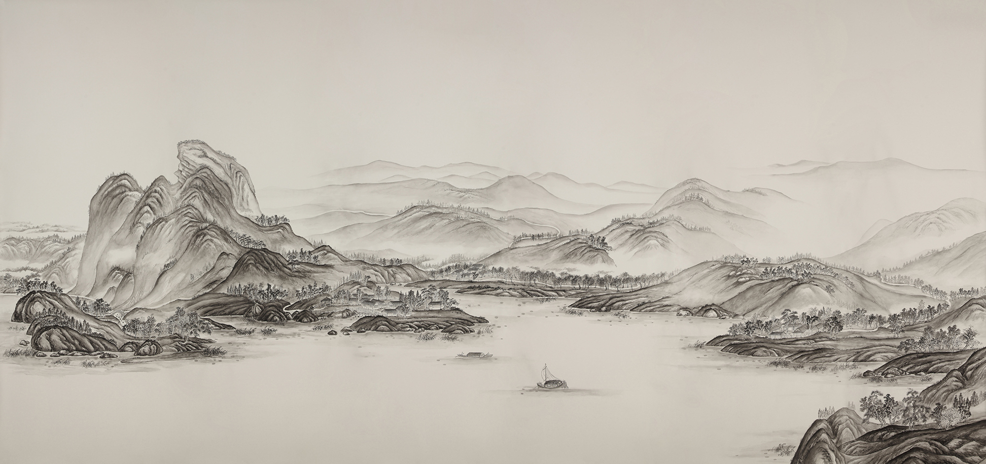 Обои ручная роспись A Thousand Li of Rivers and Mountains Special Colourway on Bleached White dyed silk Обои ручная роспись A Thousand Li of Rivers and Mountains Special Colourway on Bleached White dyed silk - постер Loft-Concept в Орле