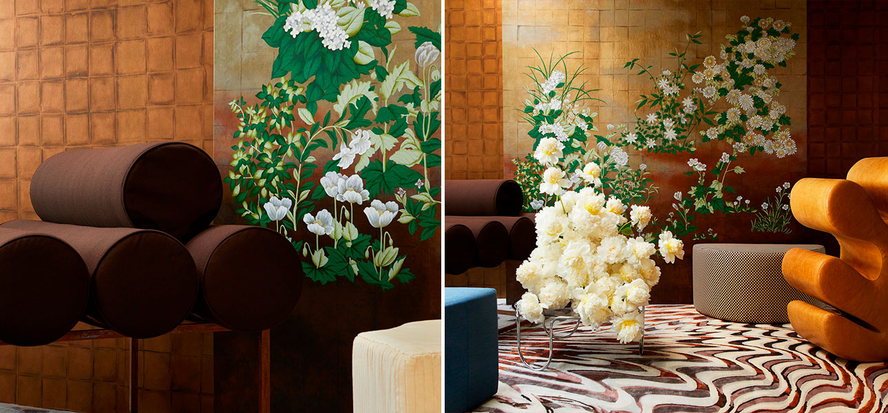 Обои ручная роспись Uki Hana Original colourway on custom gold gilded Xuan paper with antiquing - фото