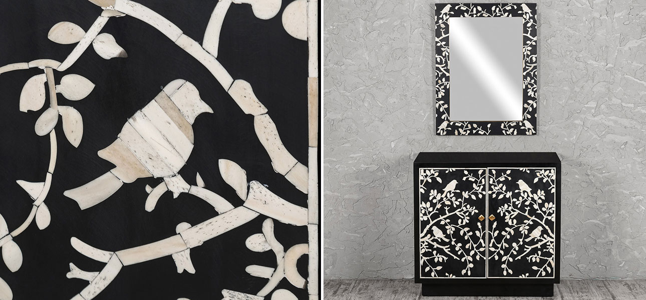 Комод инкрустация костью White bird on black - фото №2