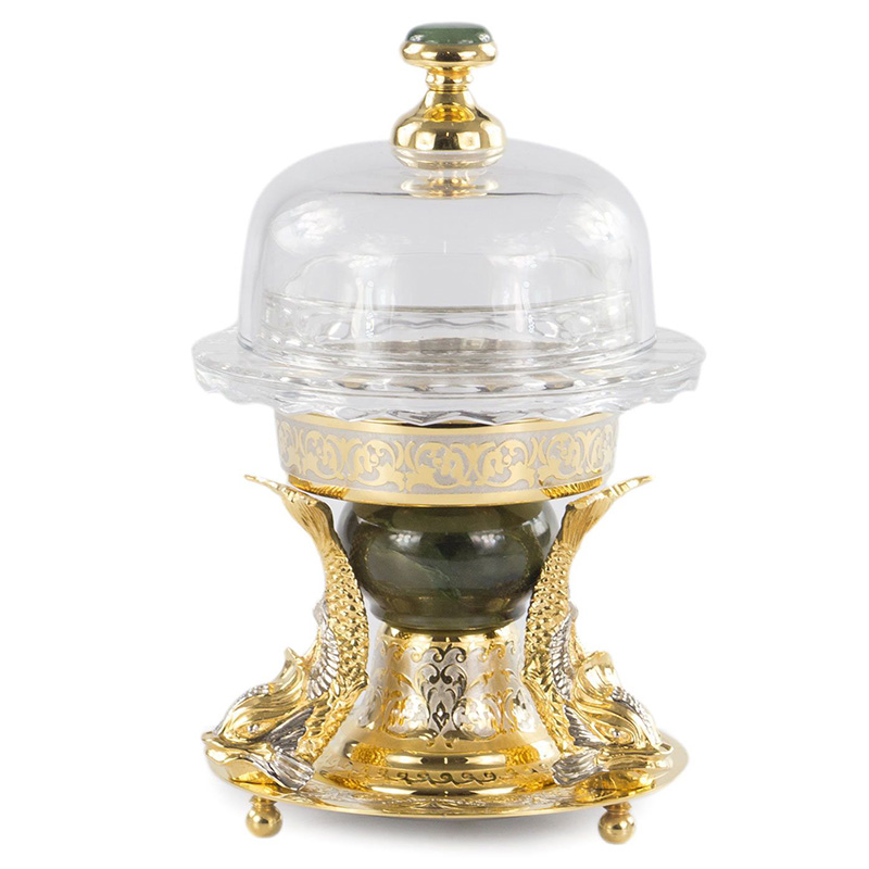 Икорница с декором "Три рыбки" с гравировкой и натуральным камнем Нефрит Decorative Cavair Dishes Золотой Никель Античный зеленый в Орле | Loft Concept 