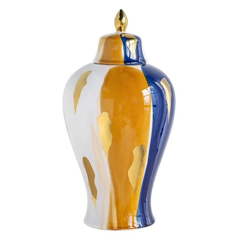 Ваза с крышкой и мазками синего и золого цвета на белом фоне Chinoiserie Ceramics Белый Оранжевый Золотой Синий Ваза с крышкой и мазками синего и золого цвета на белом фоне Chinoiserie Ceramics Белый Оранжевый Золотой Синий в Орле | Loft Concept