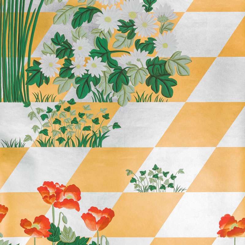 Обои ручная роспись Tiled Meadow Original colourway on Egyptian Gold gilded paper  в Орле | Loft Concept 