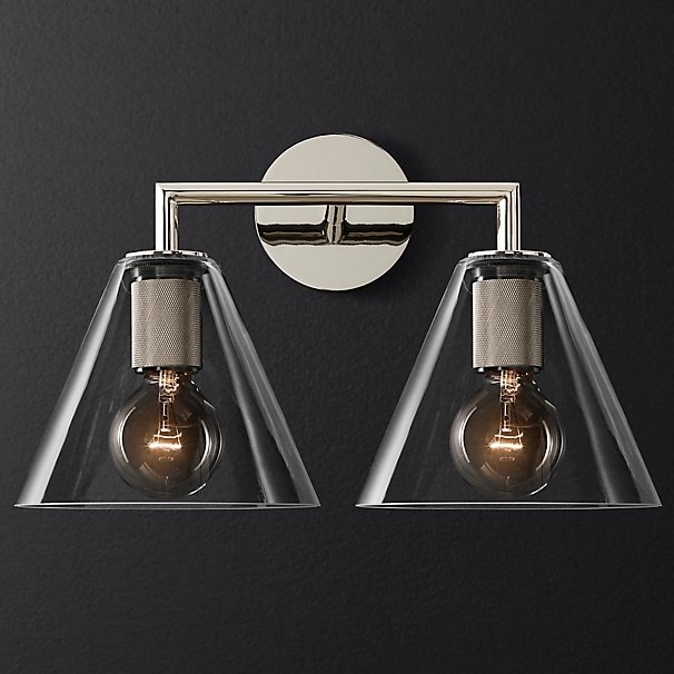 Бра RH Utilitaire Funnel Shade Double Sconce Silver Прозрачное Стекло Никель Бра RH Utilitaire Funnel Shade Double Sconce Silver Прозрачное Стекло Никель в Орле | Loft Concept