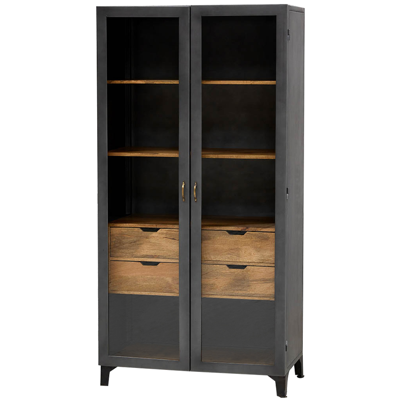 Шкаф металлический в стиле лофт с деревянными ящиками Russell Cabinet Графитовый Древесина Латунь в Орле | Loft Concept 
