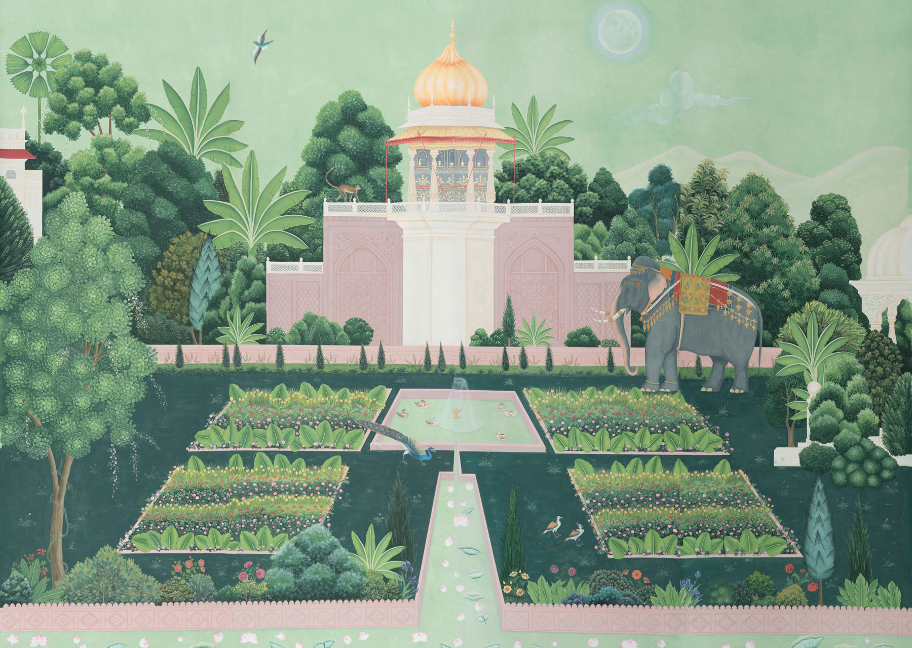 Обои ручная роспись Mahal Garden Original colourway on blue painted Xuan paper Обои ручная роспись Mahal Garden Original colourway on blue painted Xuan paper - постер Loft-Concept в Орле