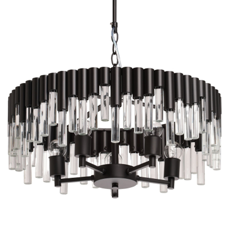 Люстра круглая из матового черного металла с подвесками из прозрачных стеклянных трубок Noir Tubes Черный Прозрачное Стекло в Орле | Loft Concept 