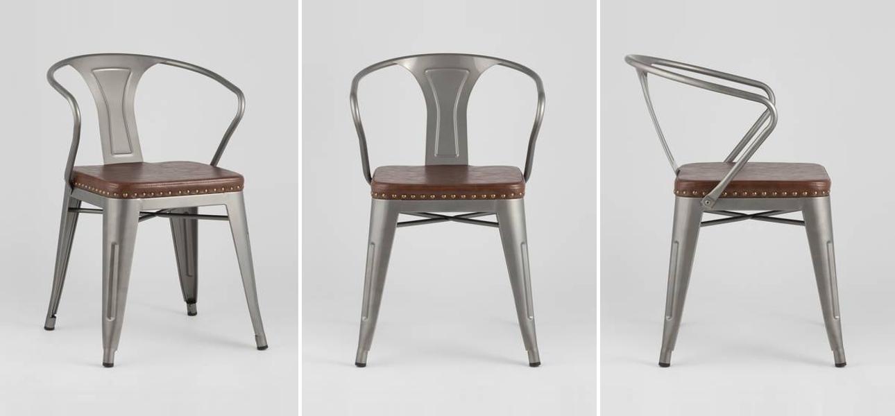 Стул Tolix с подлокотниками Серебристый Металлик Сидение Коричневая Экокожа - фото