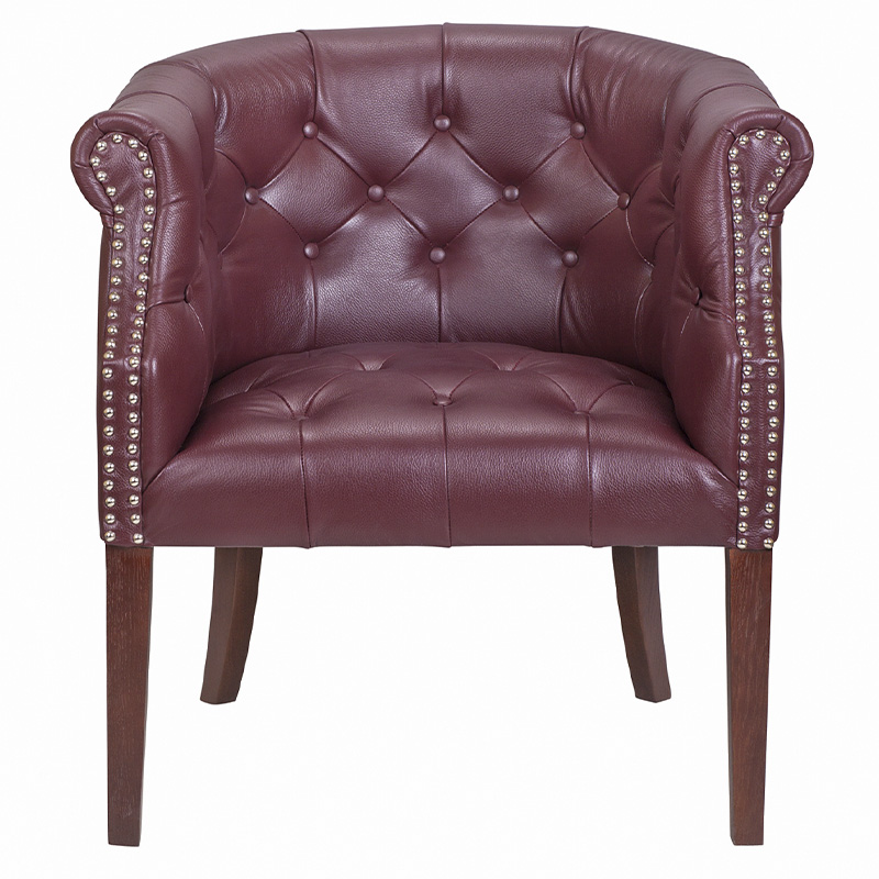 Кресло низкое из натуральной кожи на 4-х деревянных ножках из массива бука Chloe Leather Armchair vine Бордовый Коричневый в Орле | Loft Concept 