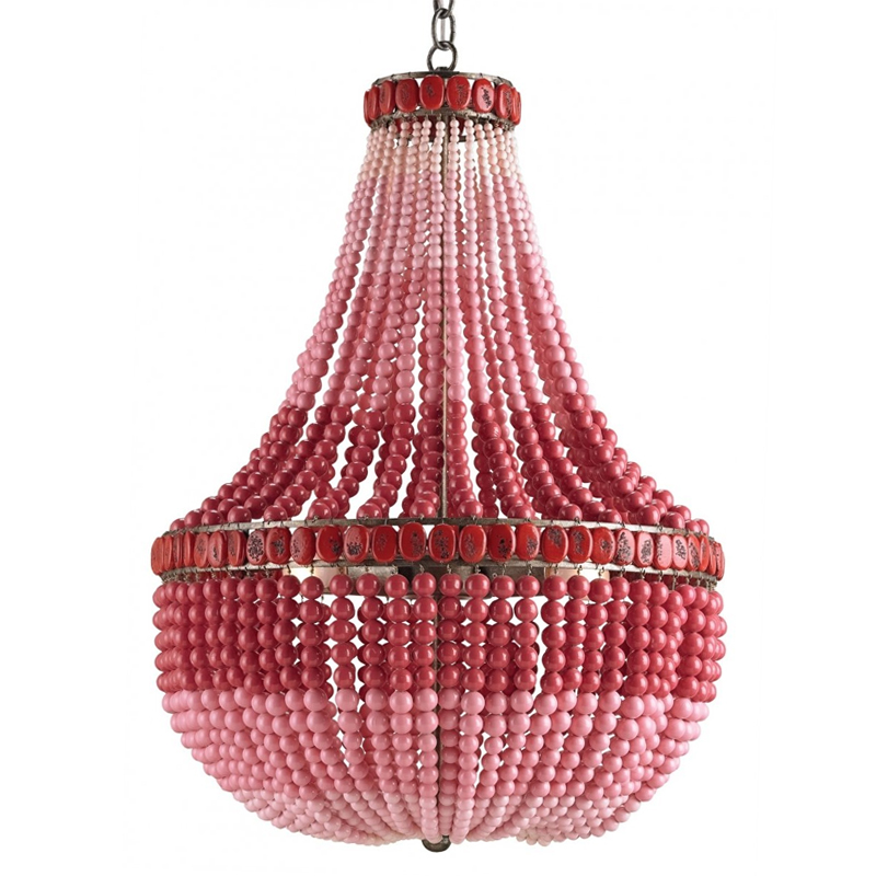 Люстра каплевидной формы украшенная круглыми бусинами Wooden Beads Chandelier Red Pink Красный Розовый Винтажная латунь Люстра каплевидной формы украшенная круглыми бусинами Wooden Beads Chandelier Red Pink Красный Розовый Винтажная латунь в Орле | Loft Concept