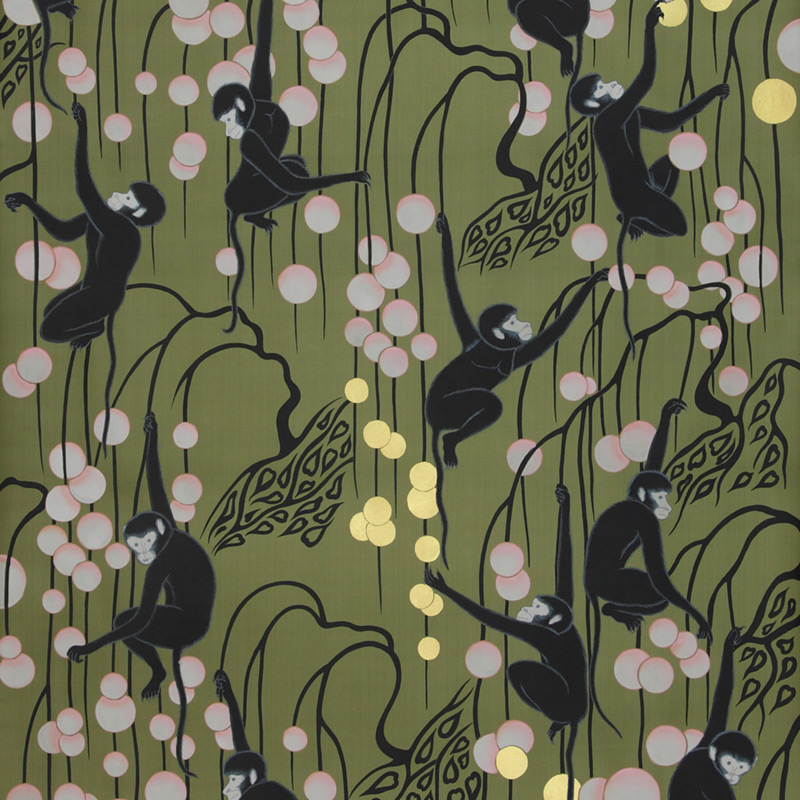 Обои ручная роспись Deco Monkeys Special Colourway on Olive dyed silk Обои ручная роспись Deco Monkeys Special Colourway on Olive dyed silk в Орле | Loft Concept
