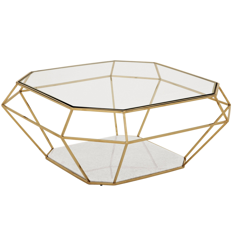 Кофейный стол Eichholtz Coffee Table Asscher Золотой Прозрачный Белый Мрамор Bianco в Орле | Loft Concept 