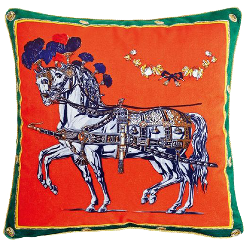 Декоративная подушка Hermes Horses 118 Оранжевый Зеленый Синий Белый в Орле | Loft Concept 