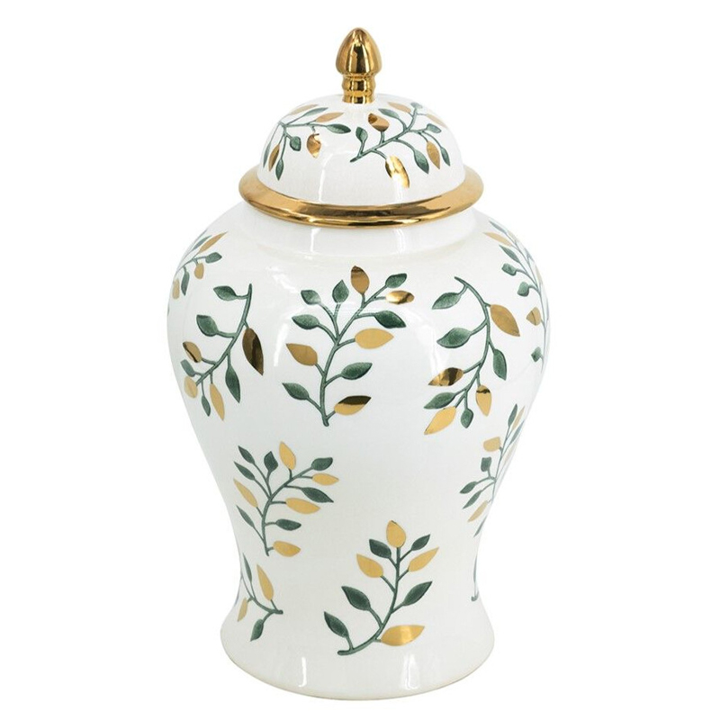 Ваза белая с крышкой с рисунком зеленых и золотых листьев 48 см Chinoiserie Ceramics Белый Зеленый Золотой Ваза белая с крышкой с рисунком зеленых и золотых листьев 48 см Chinoiserie Ceramics Белый Зеленый Золотой в Орле | Loft Concept