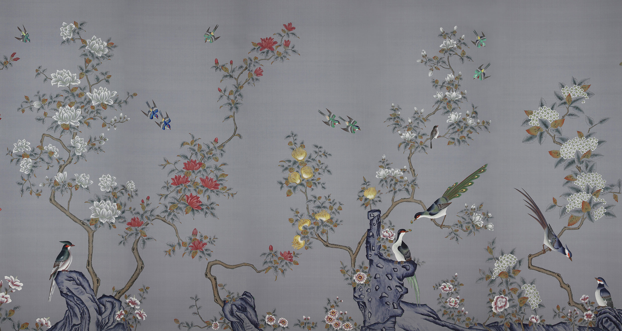 Обои ручная роспись Japanese Garden Original colourway on Gun Metal dyed silk Обои ручная роспись Japanese Garden Original colourway on Gun Metal dyed silk - постер Loft-Concept в Орле