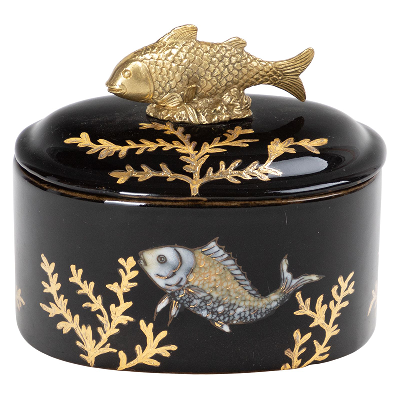 Шкатулка черная фарфоровая Золотая Рыбка Gold fish Черный Золотой Шкатулка черная фарфоровая Золотая Рыбка Gold fish Черный Золотой в Орле | Loft Concept