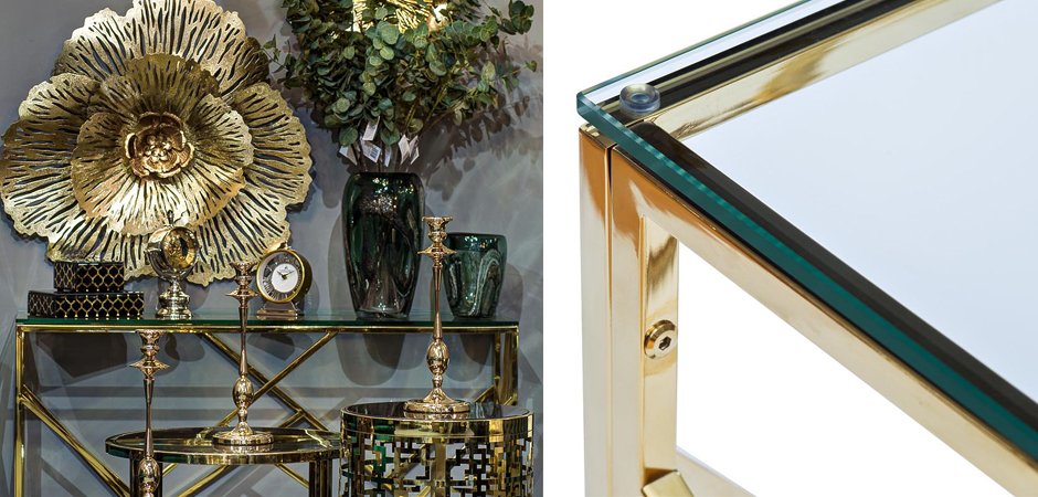 Консоль Serene Furnishing Gold Clear Glass Top Console Консоль Serene Furnishing Gold Clear Glass Top Console - Loft-Concept в Орле