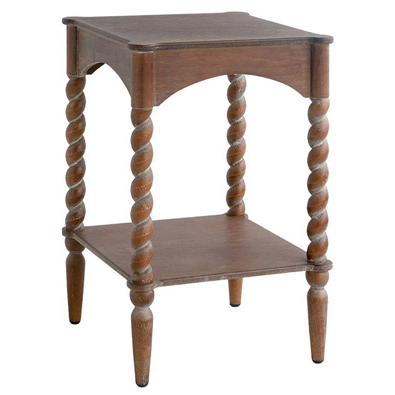 Приставной столик деревянный с резными ножками и нижней полкой Vintage Side Table Brown Wood Коричневый в Орле | Loft Concept 