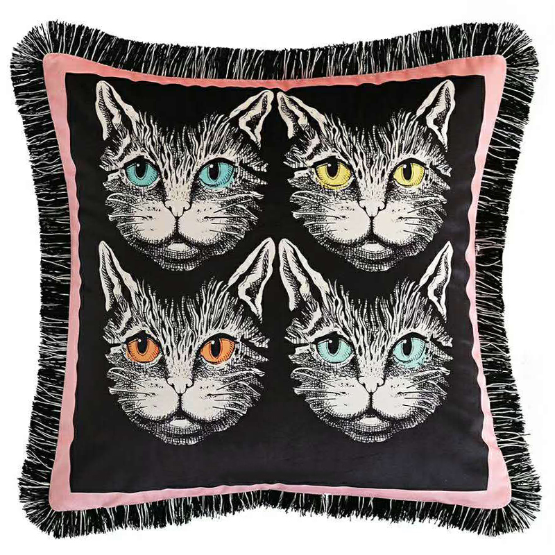 Декоративная подушка с вышивкой Cтиль Gucci Four Cats Черный Розовый Белый Декоративная подушка с вышивкой Cтиль Gucci Four Cats Черный Розовый Белый в Орле | Loft Concept