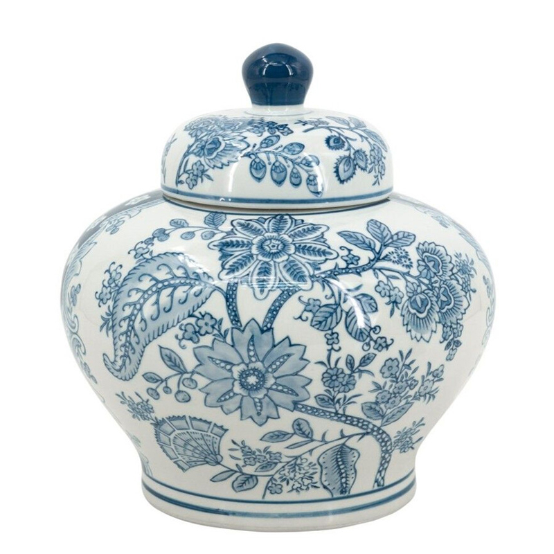 Ваза с крышкой и синим узором в виде цветов и листьев Blue & White Ornament Белый Синий Ваза с крышкой и синим узором в виде цветов и листьев Blue & White Ornament Белый Синий в Орле | Loft Concept