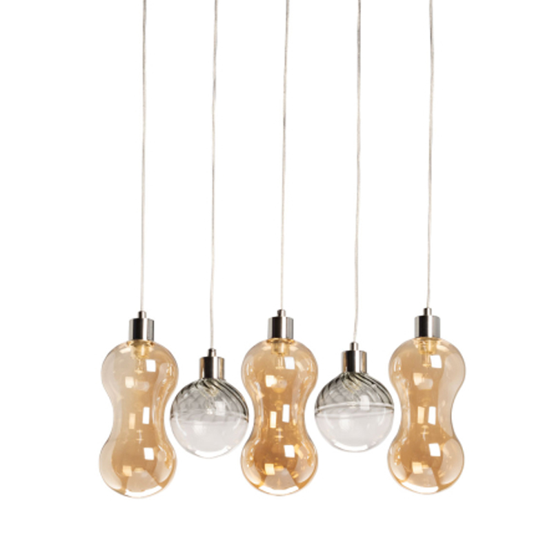 Люстра с 3-мя плафонами волнообразной формы цвета янтарь и 2-мя прозрачными шарообразными плафонами Lucid Rain  Черный Прозрачный Янтарный в Орле | Loft Concept 