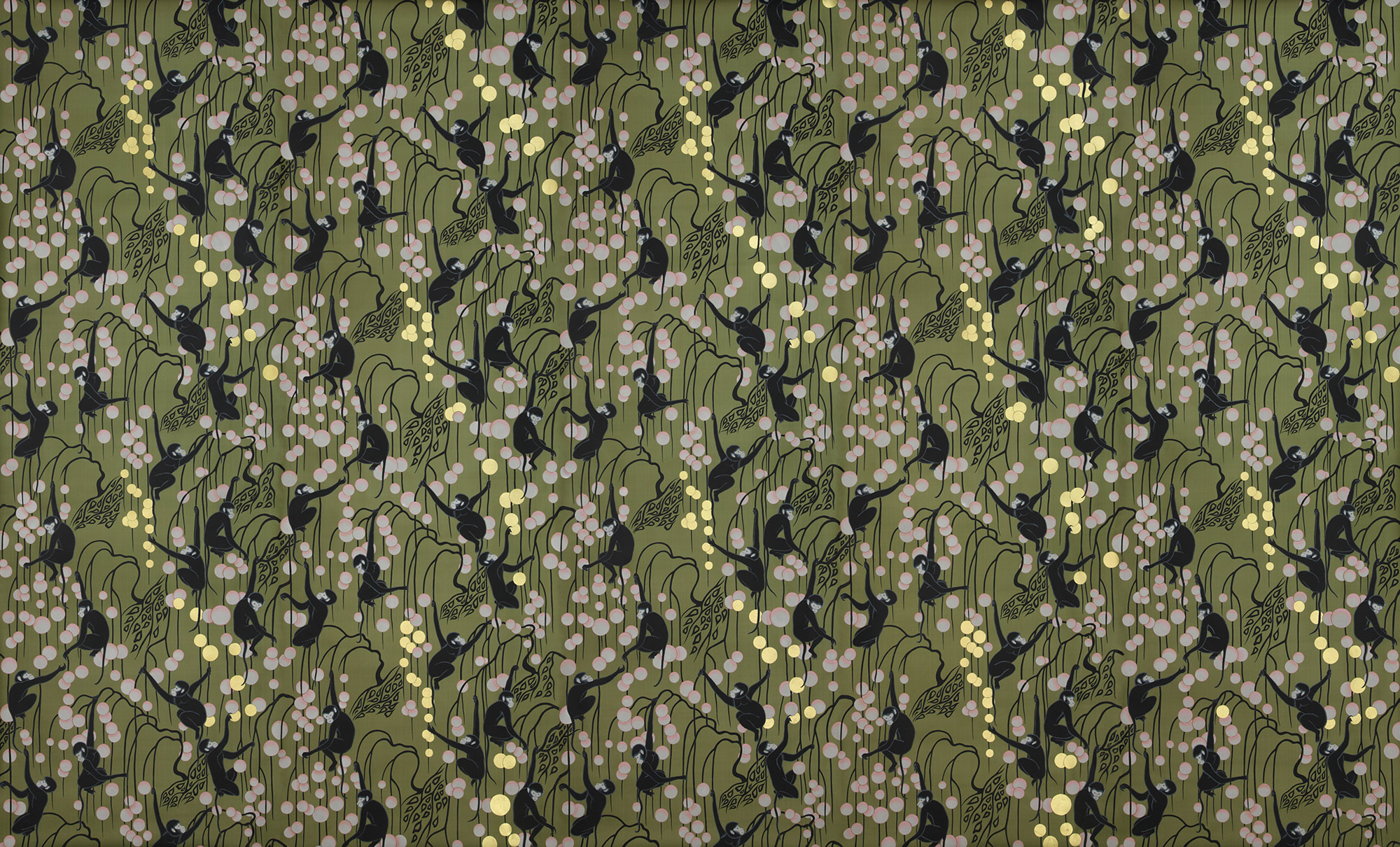 Обои ручная роспись Deco Monkeys Special Colourway on Olive dyed silk Обои ручная роспись Deco Monkeys Special Colourway on Olive dyed silk - постер Loft-Concept в Орле