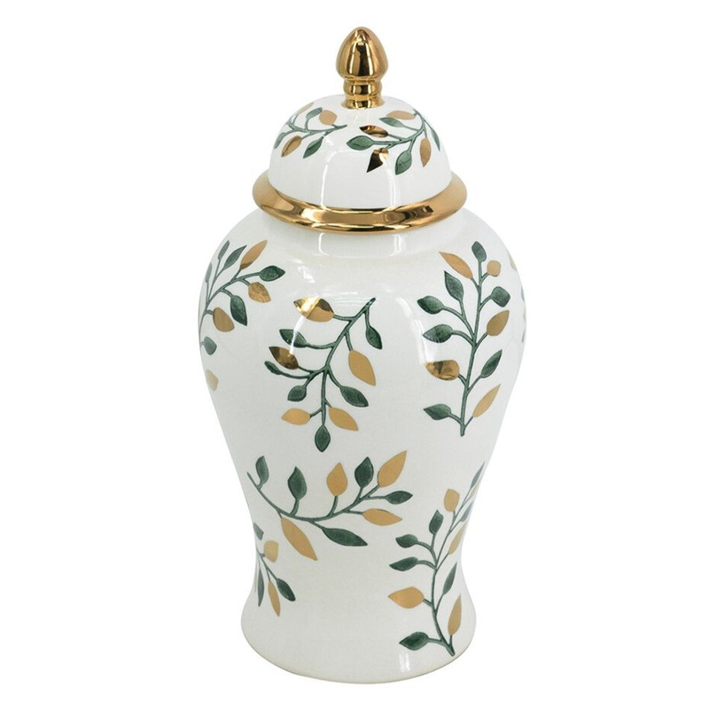 Ваза белая с крышкой с рисунком зеленых и золотых листьев 40 см Chinoiserie Ceramics Белый Зеленый Золотой Ваза белая с крышкой с рисунком зеленых и золотых листьев 40 см Chinoiserie Ceramics Белый Зеленый Золотой в Орле | Loft Concept