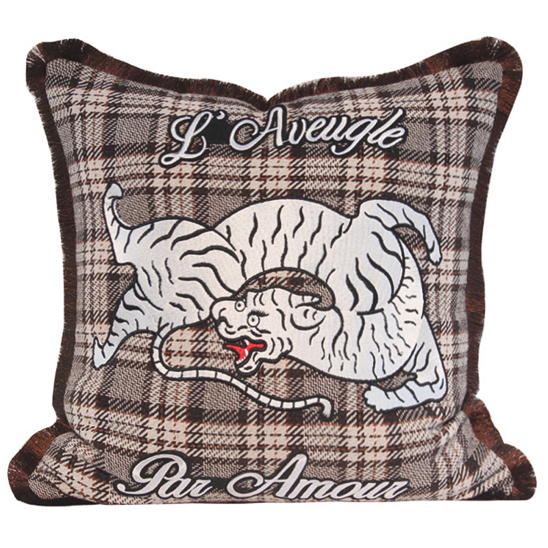 Декоративная подушка с вышивкой Стиль Gucci Plaid Print Tiger Cushion Коричневый Бежевый Красный в Орле | Loft Concept 