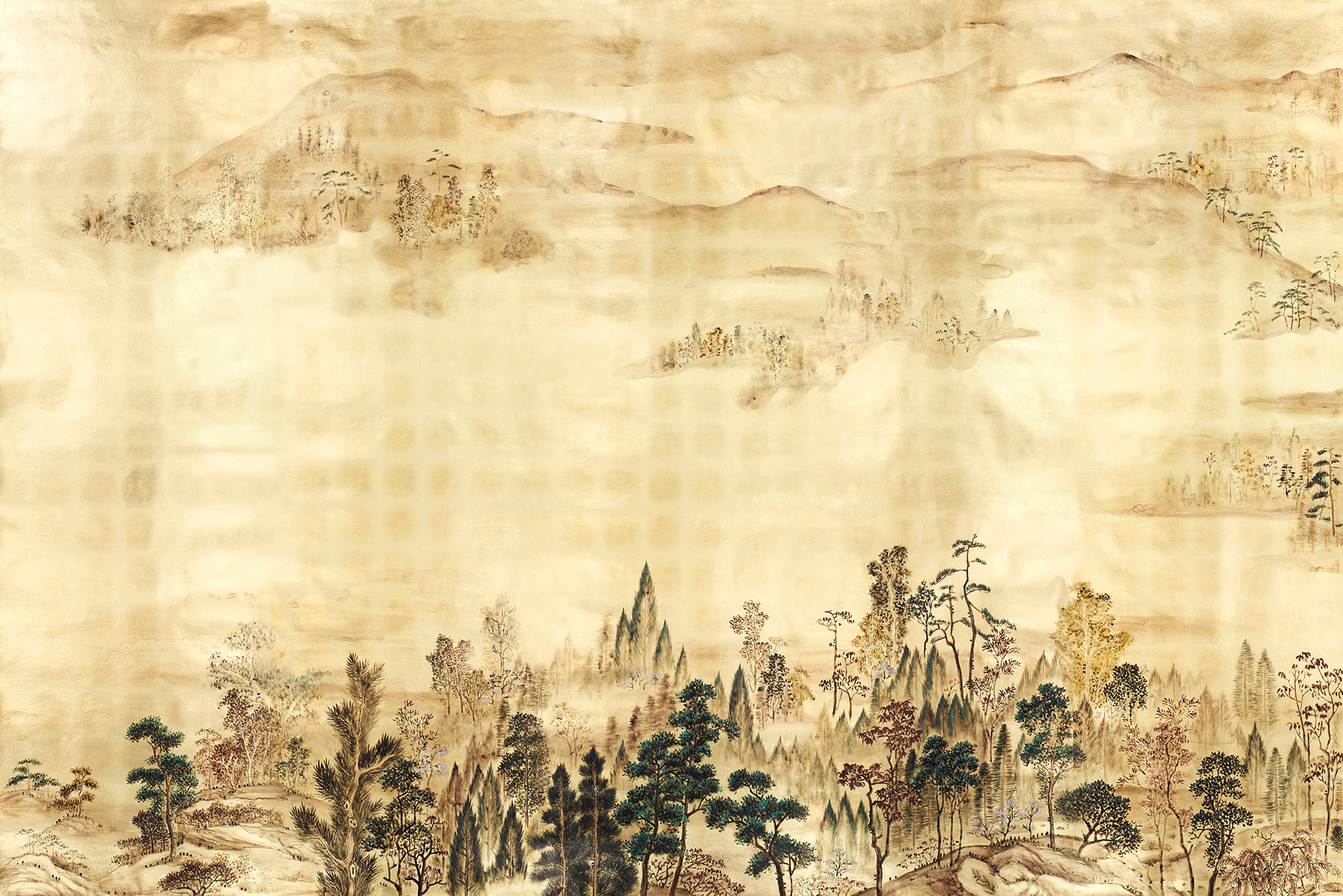 Обои ручная роспись Mountains Above Clouds Original colourway on Deep Rich Gold gilded paper Обои ручная роспись Mountains Above Clouds Original colourway on Deep Rich Gold gilded paper - постер Loft-Concept в Орле