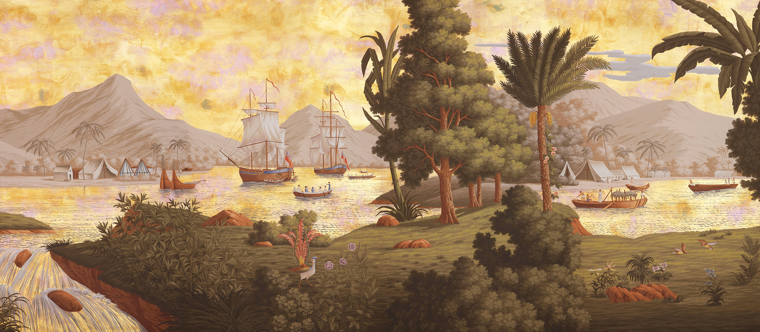 Обои ручная роспись Voyage of the Pacific Amarelo on Deep Rich Gold gilded paper with antiquing Обои ручная роспись Voyage of the Pacific Amarelo on Deep Rich Gold gilded paper with antiquing - постер Loft-Concept в Орле