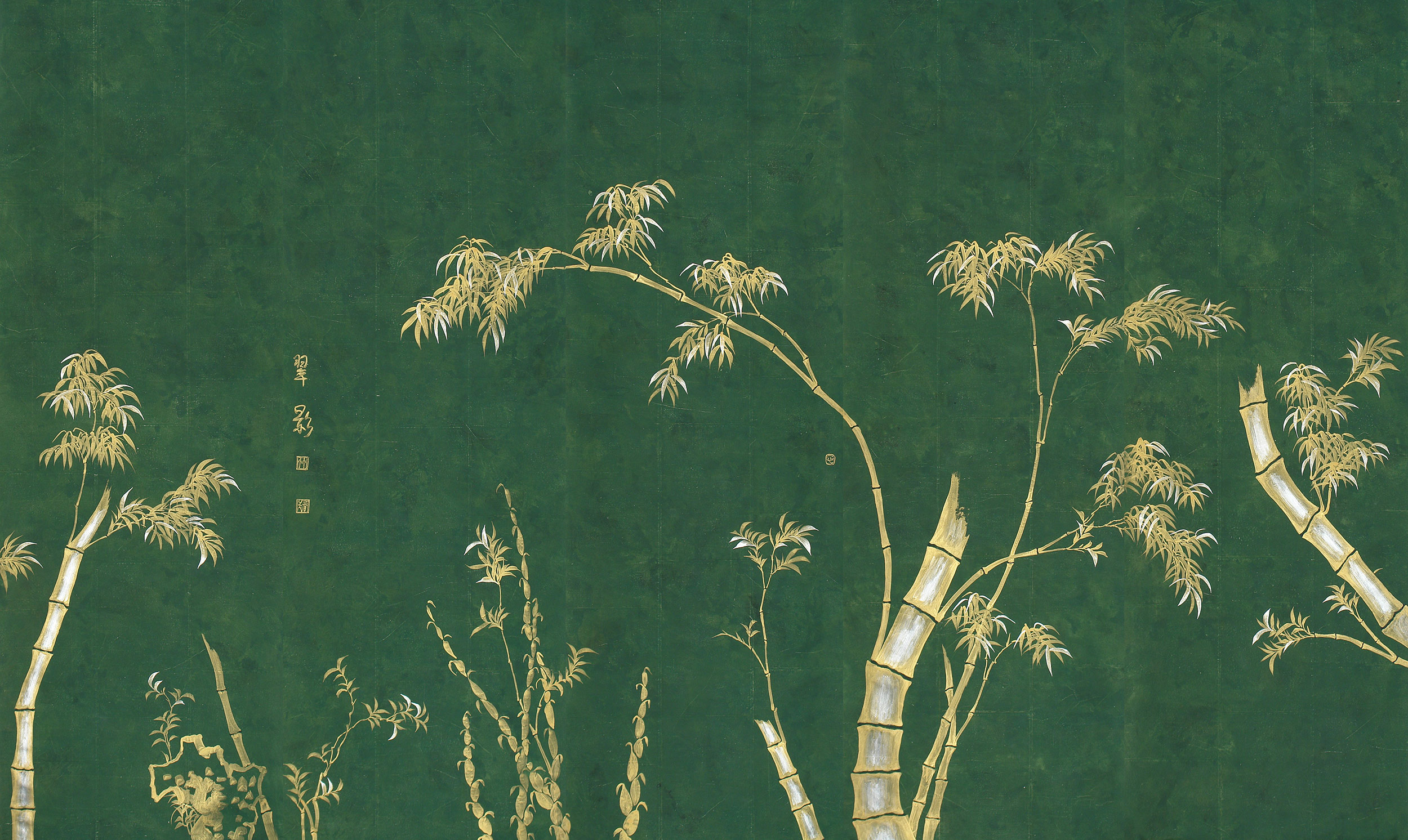 Обои ручная роспись Bamboo Golden on Edo Green India tea paper Обои ручная роспись Bamboo Golden on Edo Green India tea paper - постер Loft-Concept в Орле