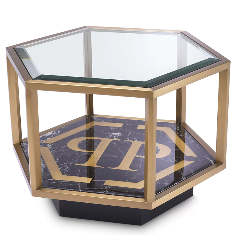 Приставной стол Philipp Plein Side Table Falcon View Черный Мрамор Nero Золотой Прозрачное Стекло в Орле | Loft Concept 