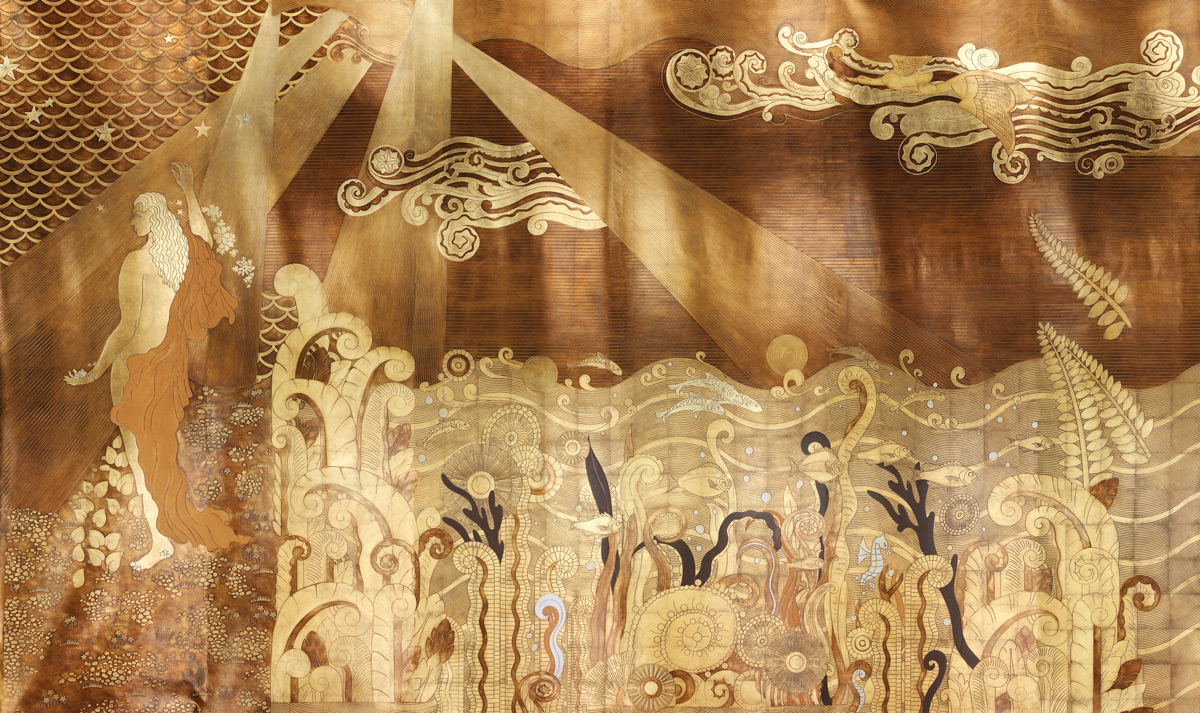 Обои ручная роспись в стиле Арт-деко Deco Dawn Bas Relief on Deep Rich Gold gilded paper Обои ручная роспись в стиле Арт-деко Deco Dawn Bas Relief on Deep Rich Gold gilded paper - постер Loft-Concept в Орле