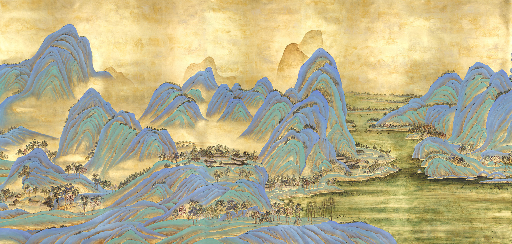 Обои ручная роспись A Thousand Li of Rivers and Mountains Original colourway on Deep Rich Gold gilded paper with gold pearlescent antiquing Обои ручная роспись A Thousand Li of Rivers and Mountains Original colourway on Deep Rich Gold gilded paper with gold pearlescent antiquing - постер Loft-Concept в Орле