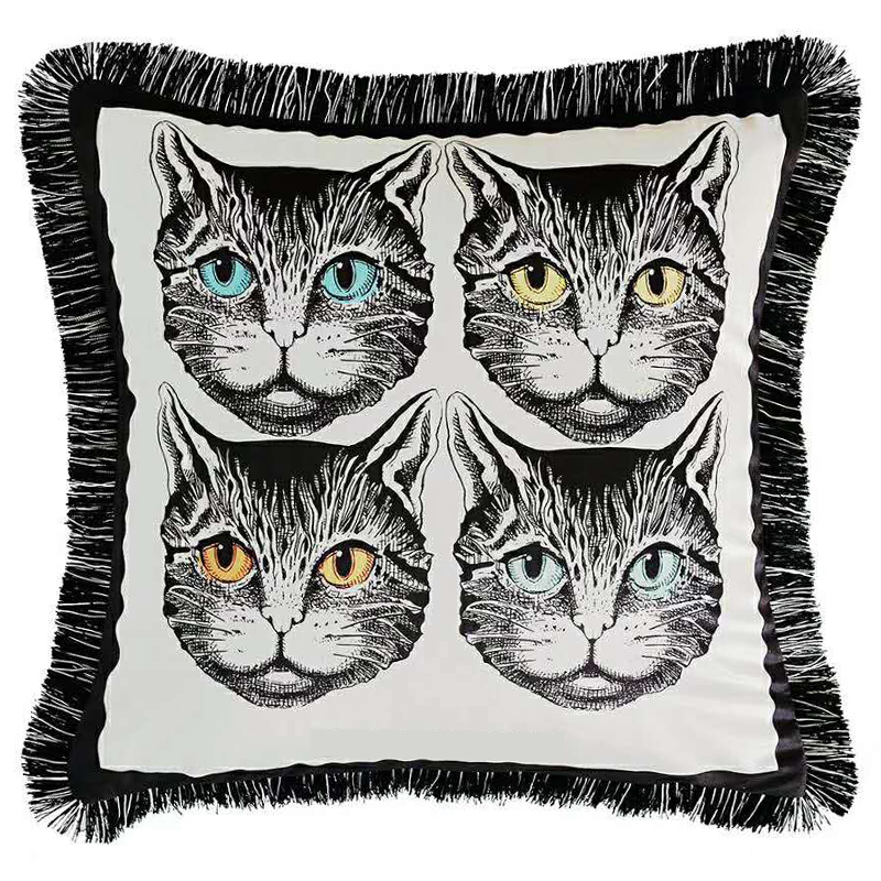 Декоративная подушка с вышивкой Cтиль Gucci Four Cats White Черно-белый в Орле | Loft Concept 