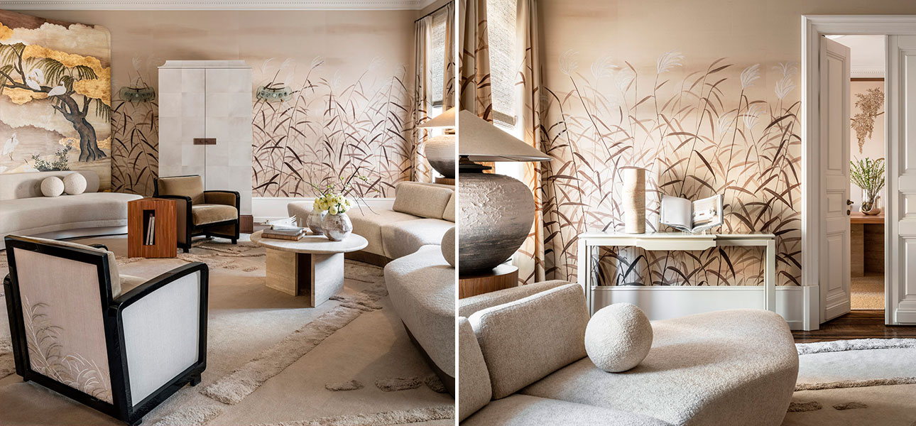 Обои ручная роспись Wild Grasses Original colourway on Bleached Silver slub silk with embroidery - фото