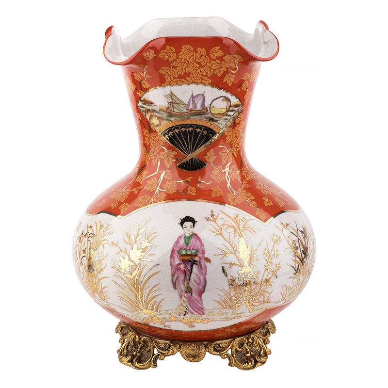 Ваза красного цвета с рисунком Chinoiserie Ceramics Белый Красный Бронза Ваза красного цвета с рисунком Chinoiserie Ceramics Белый Красный Бронза в Орле | Loft Concept