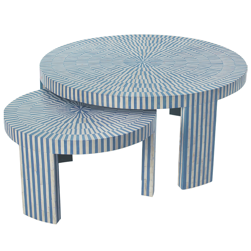 Комплект журнальных столов с инкрустацией Stripes Set of two tables blue Белый Голубой в Орле | Loft Concept 