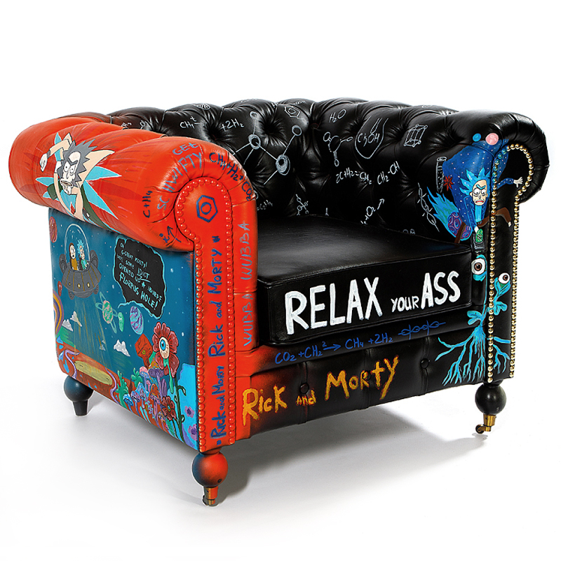 Кресло "Умный Умник" Rick and Morty graffiti chair натуральная кожа  Черный Мульти в Орле | Loft Concept 