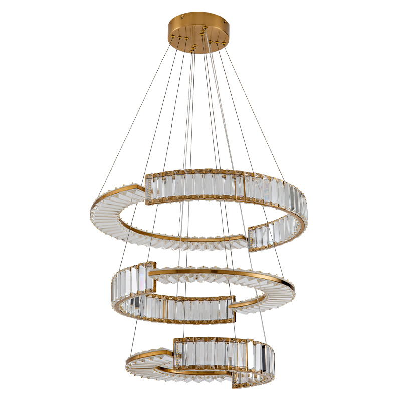 Светодиодная трехъярусная кольцевая люстра из хрусталя и стали с пультом для регулировки света Maude Crystal Light Латунь Прозрачный в Орле | Loft Concept 