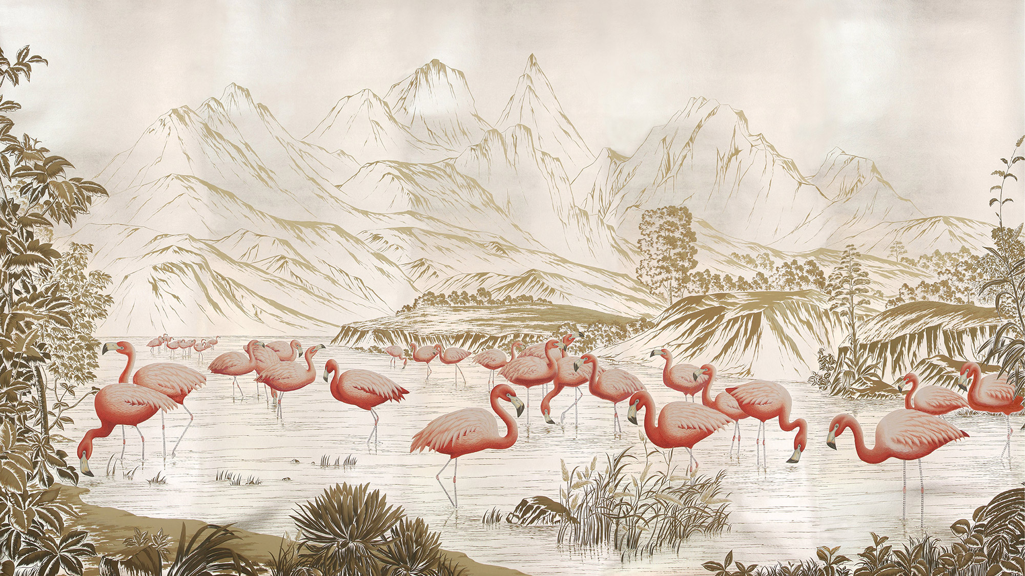 Обои ручная роспись Flamingos Flamingo on Tarnished Silver gilded Xuan paper Обои ручная роспись Flamingos Flamingo on Tarnished Silver gilded Xuan paper - постер Loft-Concept в Орле