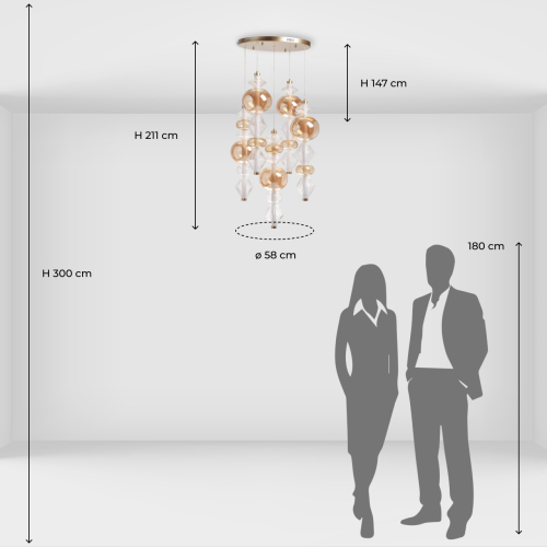 Люстра с плафонами из прозрачного и янтарного стекла в виде шаров и ромбов Gabriel Scott Luna в Орле