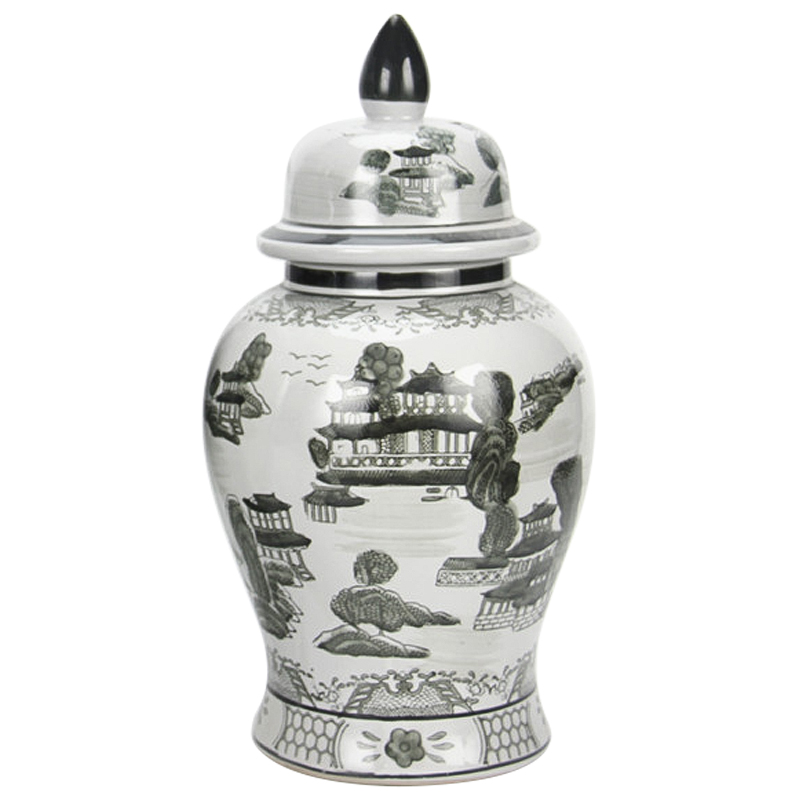 Ваза с крышкой Chinoiserie Ceramics Village Vase Серый Белый Ваза с крышкой Chinoiserie Ceramics Village Vase Серый Белый в Орле | Loft Concept