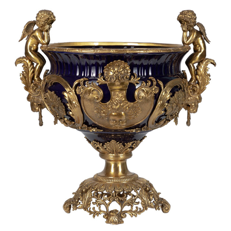 Чаша темно-синего цвета с фигурками ангелов и рельефным декором Eden Garden porcelain and bronze Темно-синий Бронза Чаша темно-синего цвета с фигурками ангелов и рельефным декором Eden Garden porcelain and bronze Темно-синий Бронза в Орле | Loft Concept
