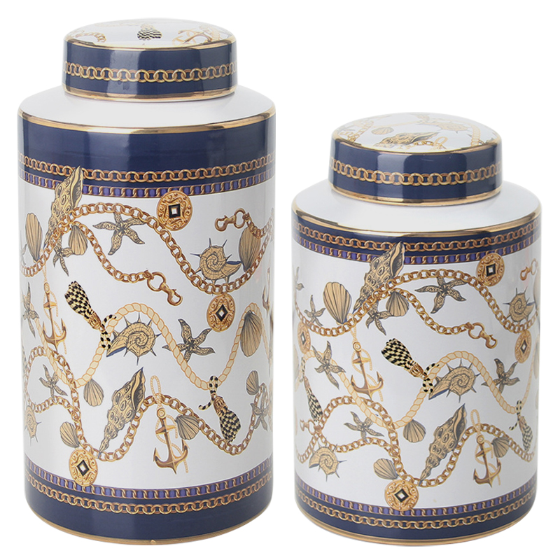 Ваза с крышкой Marine Motif Vase Белый Синий Золотой Бежевый Ваза с крышкой Marine Motif Vase Белый Синий Золотой Бежевый в Орле | Loft Concept