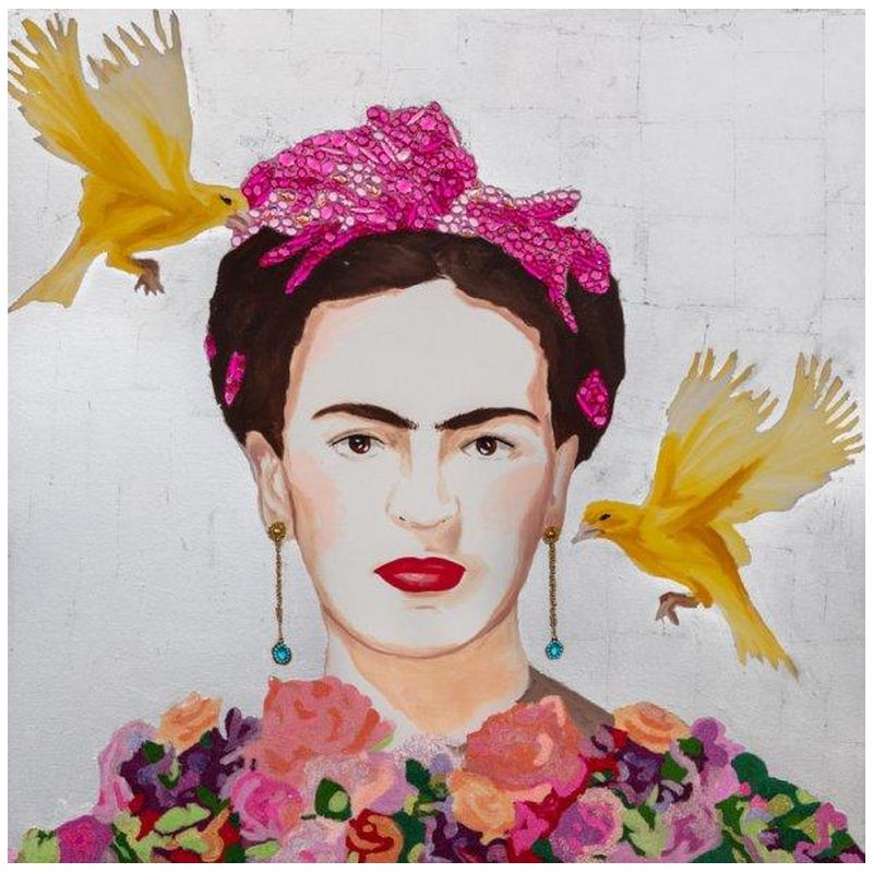 Картина Frida with Yellow Flying Parakeets, Flower Bouquet Dress and Silver Leaf Background Мульти Картина Frida with Yellow Flying Parakeets, Flower Bouquet Dress and Silver Leaf Background Мульти в Орле | Loft Concept