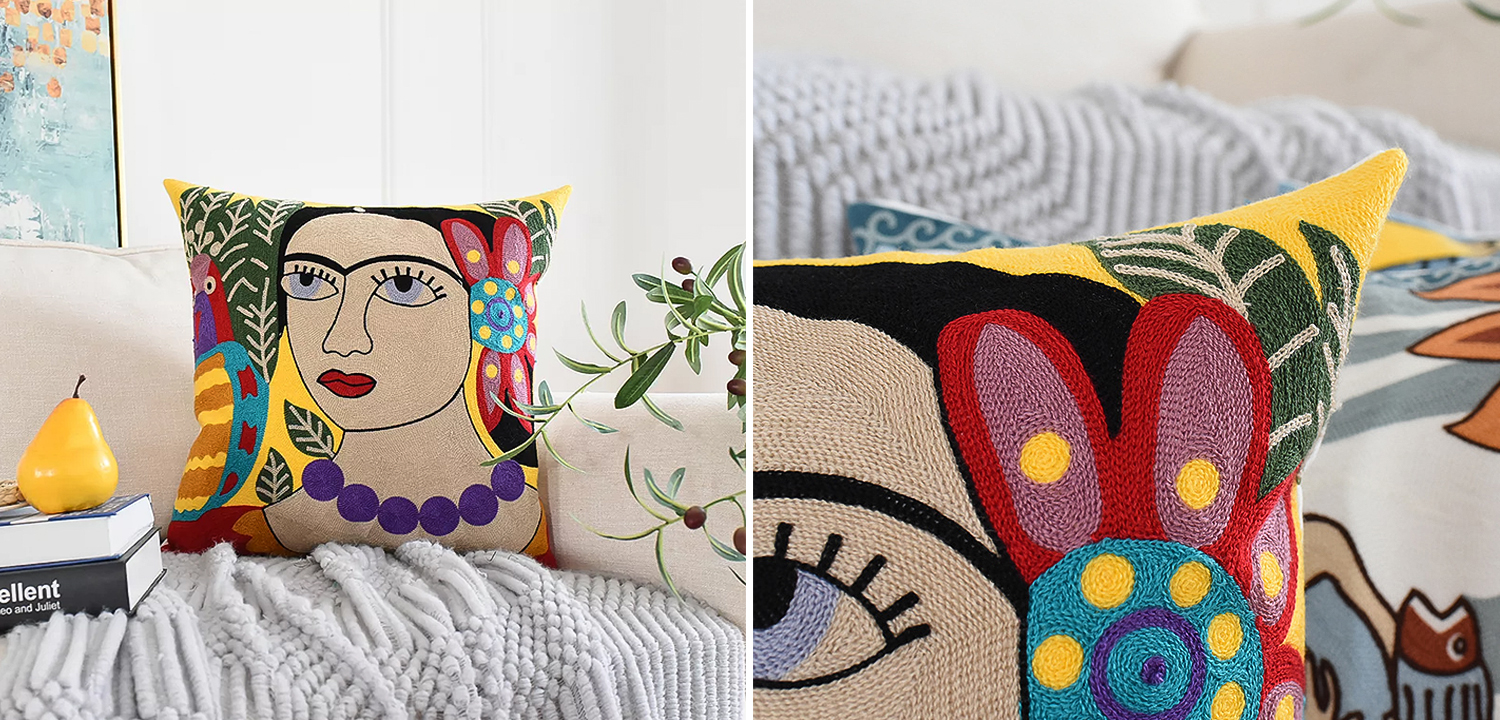 Декоративная подушка с вязаным изображением Frida Kahlo - фото