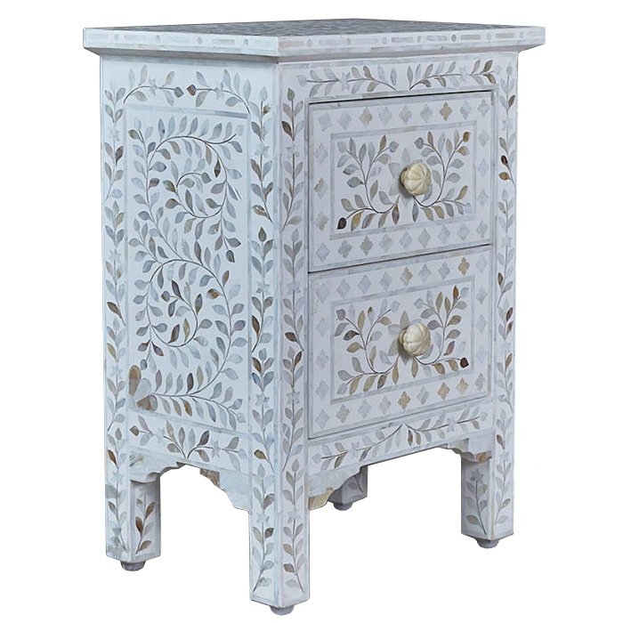 Тумба инкрустация перламутром Inlaid Bone White c 2 ящиками Белый Голубой пастельный Тумба инкрустация перламутром Inlaid Bone White c 2 ящиками Белый Голубой пастельный в Орле | Loft Concept